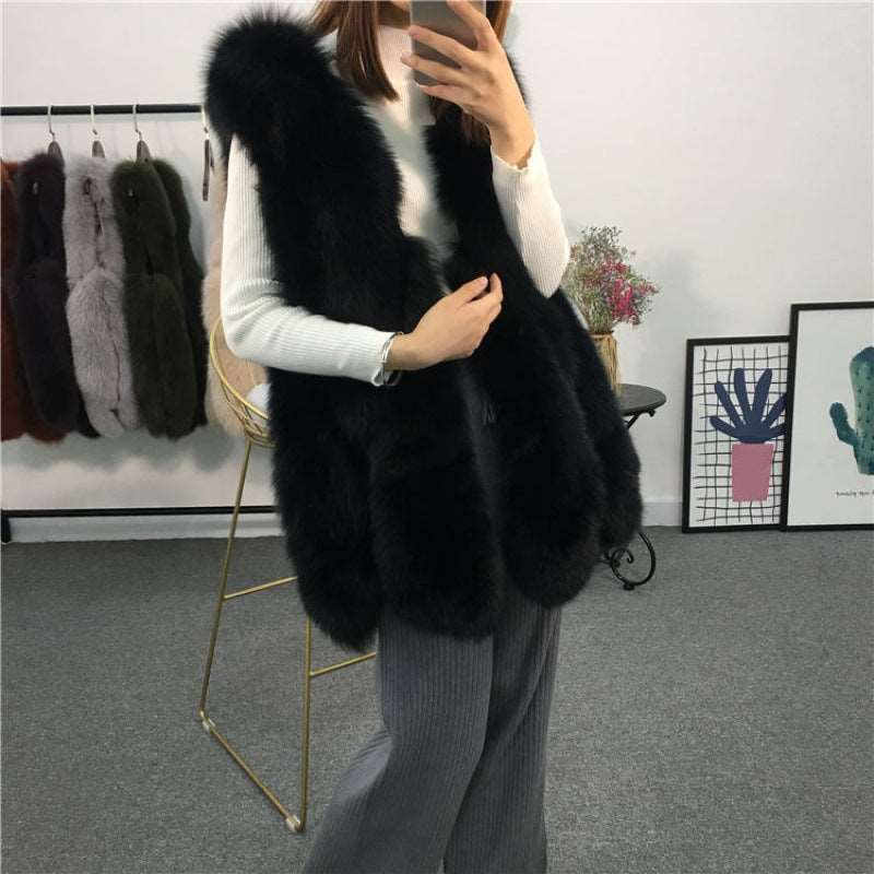 Elegant Fashion Stylish Faux Fur Vest Women's Mid-length Vest Coat Black