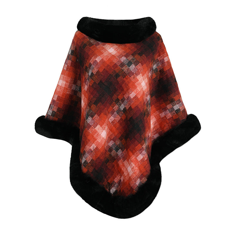 Cape Colored Plaid Thermal Knitting Shawl Women's Coat Orange F