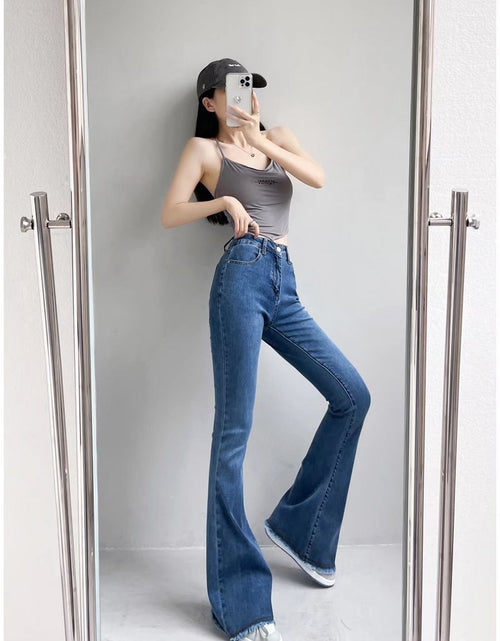 Load image into Gallery viewer, Vintage Chic: Autumn and Winter Fashion Small High Waist Raw Hem Jeans - Retro Distressed Design with Stretchy Wide-Leg Slim Flare for Effortlessly Stylish Looks Dark Blue, Lengthened
