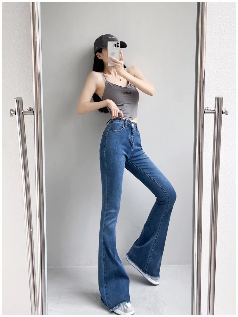 Vintage Chic: Autumn and Winter Fashion Small High Waist Raw Hem Jeans - Retro Distressed Design with Stretchy Wide-Leg Slim Flare for Effortlessly Stylish Looks Dark Blue, Lengthened