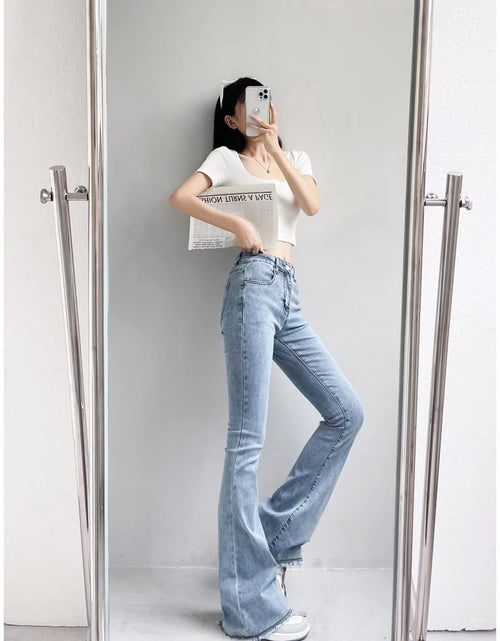 Load image into Gallery viewer, Vintage Chic: Autumn and Winter Fashion Small High Waist Raw Hem Jeans - Retro Distressed Design with Stretchy Wide-Leg Slim Flare for Effortlessly Stylish Looks Light Blue Lengthened
