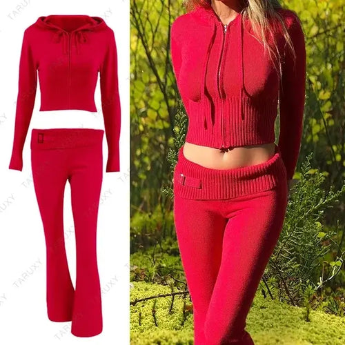 Load image into Gallery viewer, Knitted Hoodie Cropped Top And Pants Set
