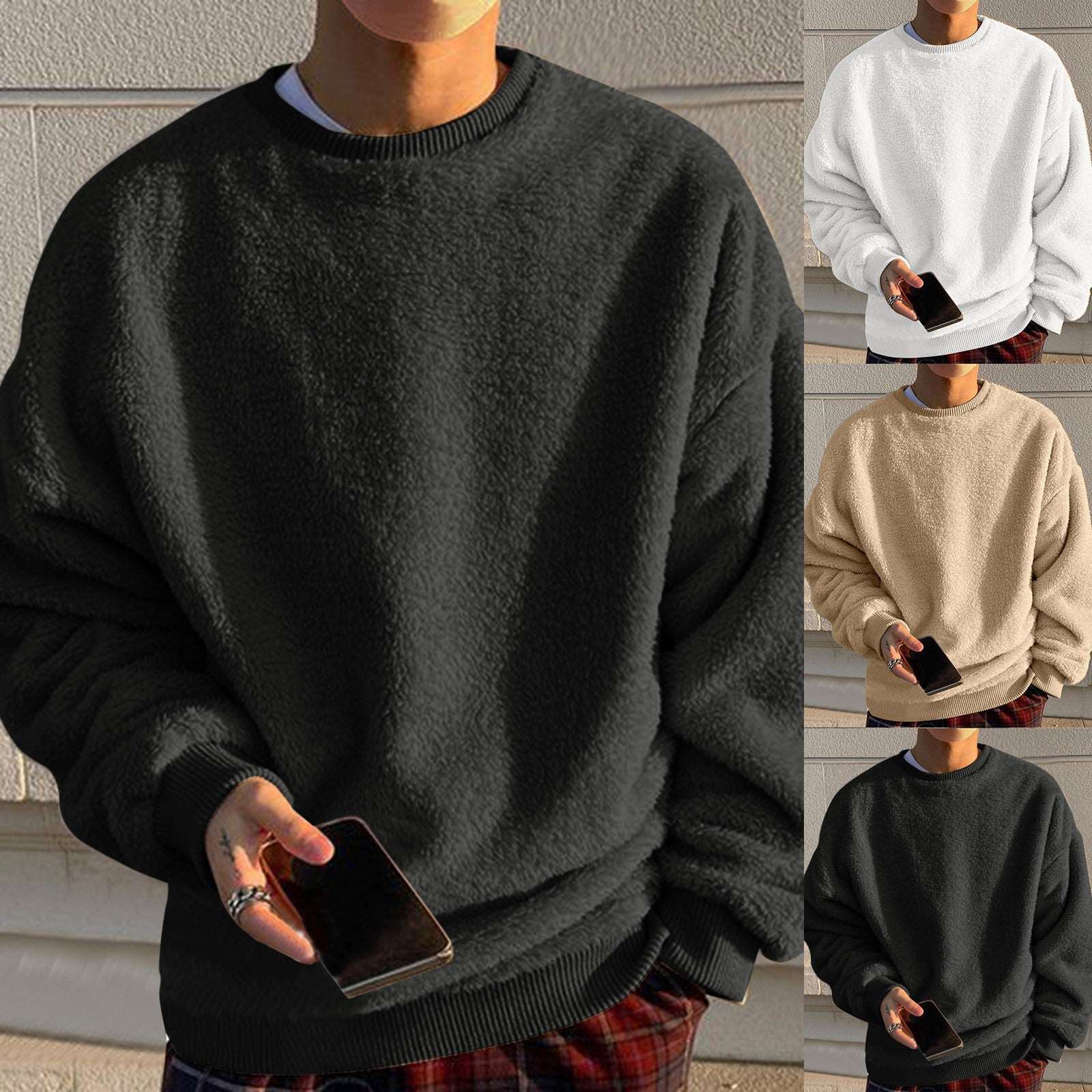 Men's Round Neck Pullover Pocket Long Sleeve Double-sided Velvet