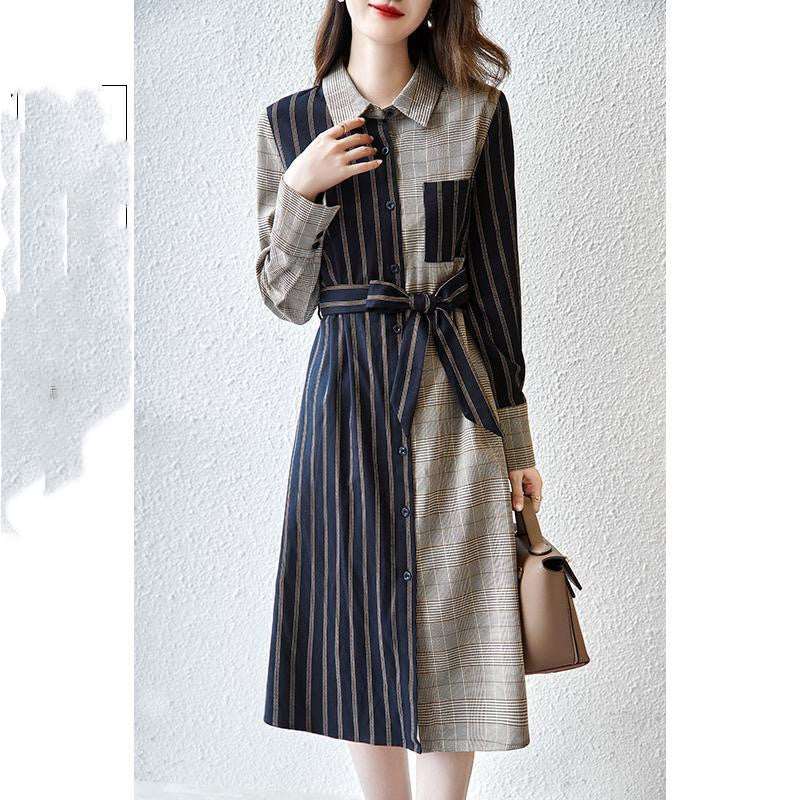 Season New Lapel Temperament Commuter Plaid French Shirt Skirt Ladies Plain and Cotton