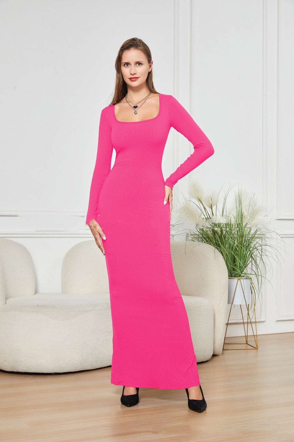 Two-in-one With Lining Double-layer Belly Contracting Hip Lifting Long Sleeve Narrow Dress Pink