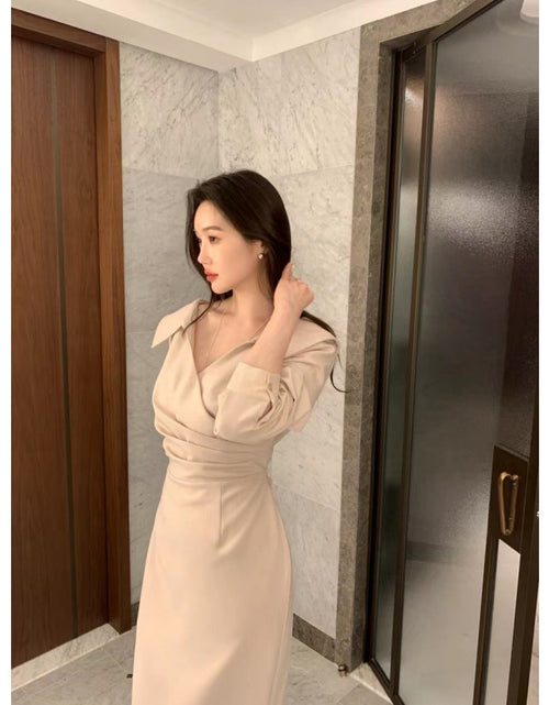 Load image into Gallery viewer, A-Line Solid Color One Size Mid Waist Long Sleeve Short Skirt Slimming Puff Sleeve Elegant Young Self-tie Dress Women Apricot Average Size
