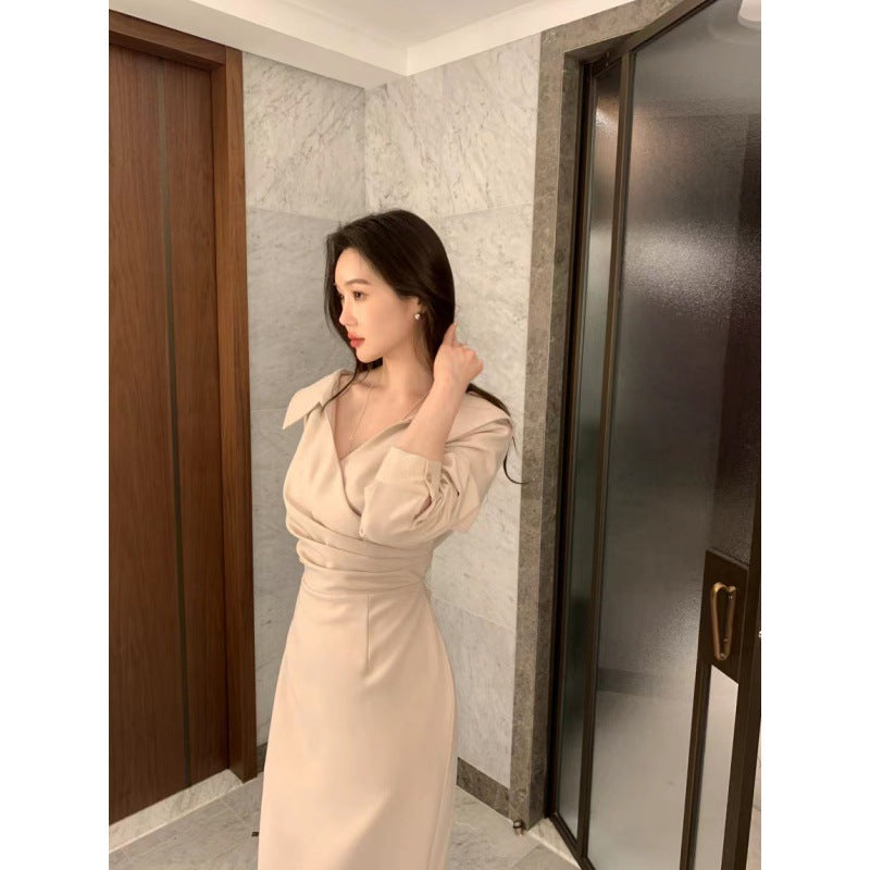 A-Line Solid Color One Size Mid Waist Long Sleeve Short Skirt Slimming Puff Sleeve Elegant Young Self-tie Dress Women Apricot Average Size