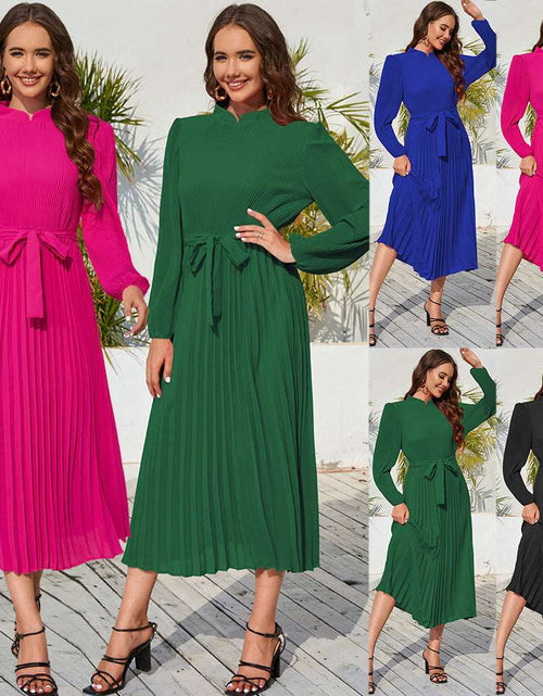 Load image into Gallery viewer, Ice Silk Anti-wrinkle Temperament Commute Style Elastic Waist Plain Solid Color Women&#39;s Fashion Graceful Stand Collar Puff Sleeve Dress
