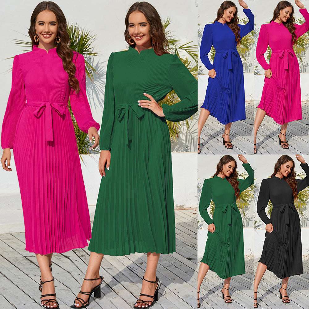 Ice Silk Anti-wrinkle Temperament Commute Style Elastic Waist Plain Solid Color Women's Fashion Graceful Stand Collar Puff Sleeve Dress