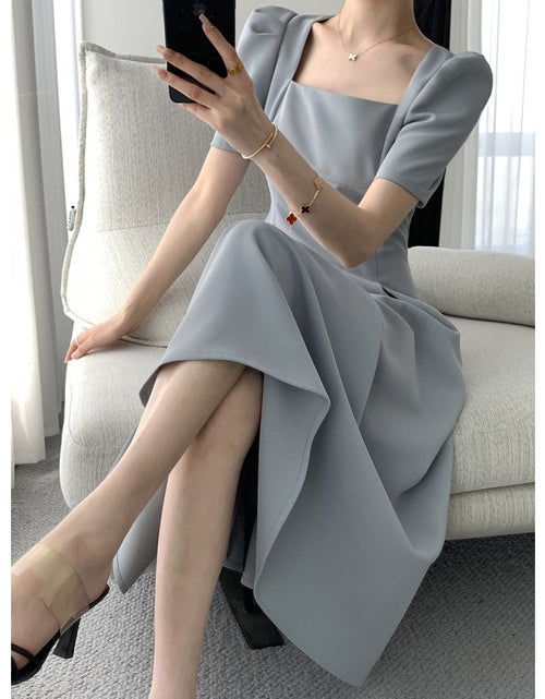 Load image into Gallery viewer, Light Blue A-Line Hight Waist Mid-Length Informal Temperament Commute Style Fashion Square-neck Cinched Slimming Puff Sleeve Dress
