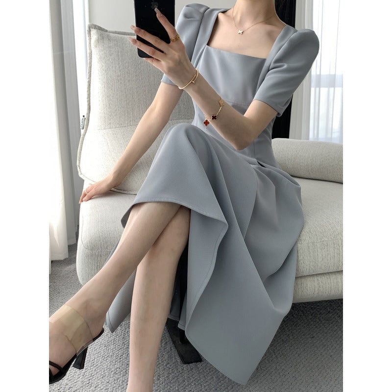 Light Blue A-Line Hight Waist Mid-Length Informal Temperament Commute Style Fashion Square-neck Cinched Slimming Puff Sleeve Dress