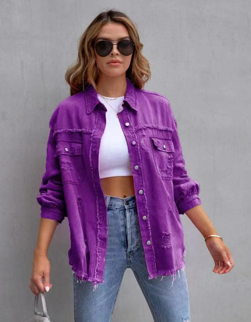 Load image into Gallery viewer, Effortless Style: Ripped Shirt Jacket - Women&#39;s Autumn/Spring Casual Tops with Fashionable Comfort in Chic Plain Colors Purple
