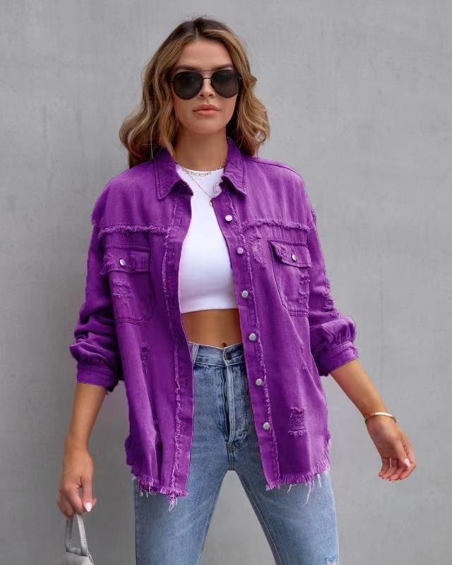 Effortless Style: Ripped Shirt Jacket - Women's Autumn/Spring Casual Tops with Fashionable Comfort in Chic Plain Colors Purple