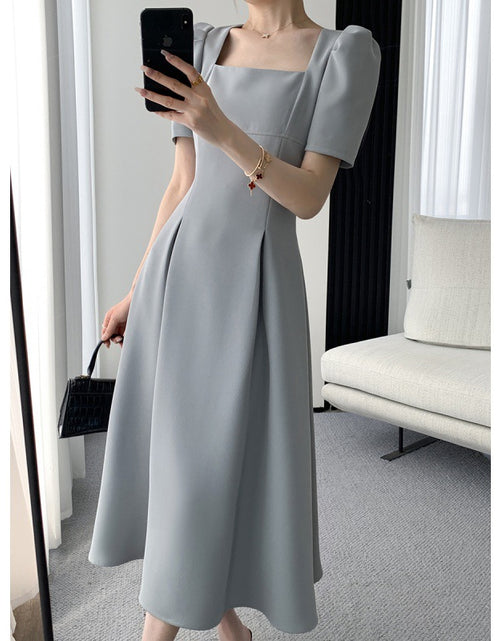 Load image into Gallery viewer, Light Blue A-Line Hight Waist Mid-Length Informal Temperament Commute Style Fashion Square-neck Cinched Slimming Puff Sleeve Dress Light Blue
