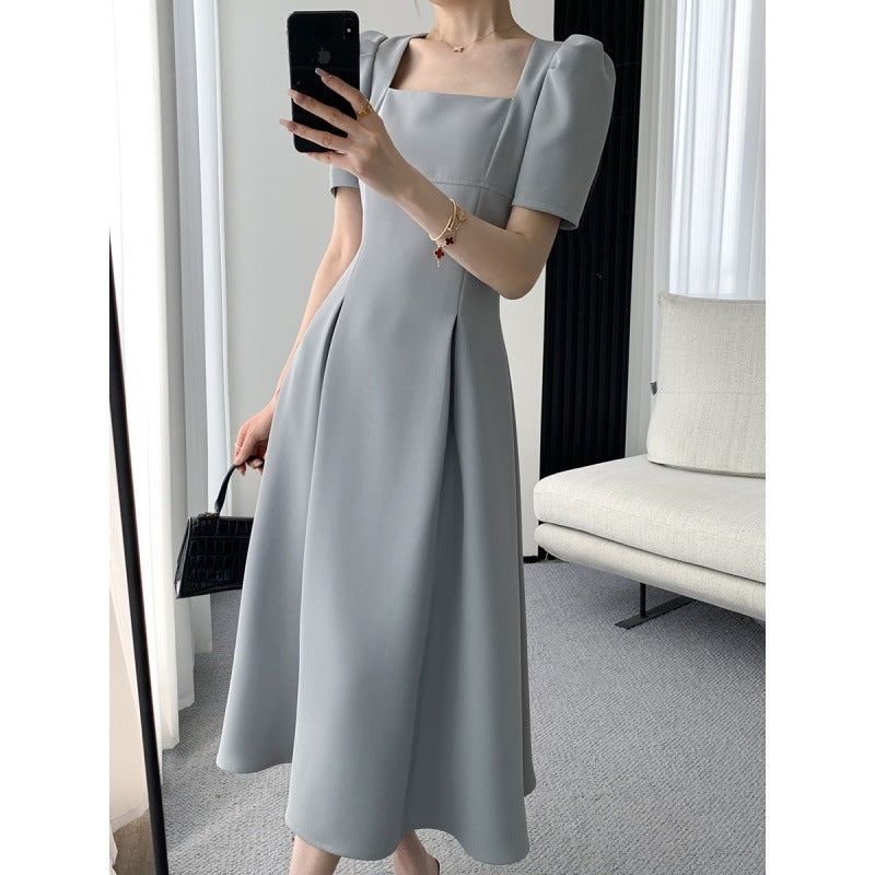 Light Blue A-Line Hight Waist Mid-Length Informal Temperament Commute Style Fashion Square-neck Cinched Slimming Puff Sleeve Dress Light Blue