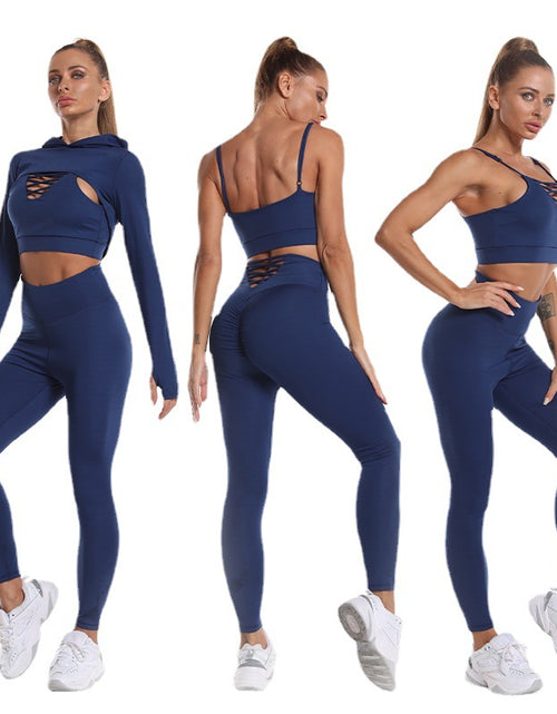 Load image into Gallery viewer, Ultimate Fitness Trio: 3pcs Sports Suits with Long Sleeve Hooded Top, Hollow Design Camisole, and Butt Lifting High Waist Seamless Fitness Leggings - Gym-Ready Outfits
