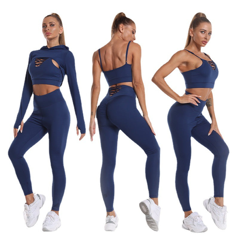 Ultimate Fitness Trio: 3pcs Sports Suits with Long Sleeve Hooded Top, Hollow Design Camisole, and Butt Lifting High Waist Seamless Fitness Leggings - Gym-Ready Outfits