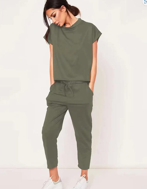 Load image into Gallery viewer, Effortless Casual Set: Short Sleeve Round Neck Top and Drawstring Cropped Pants - Simple, Basic, and Comfortable for Everyday Wear Army Green
