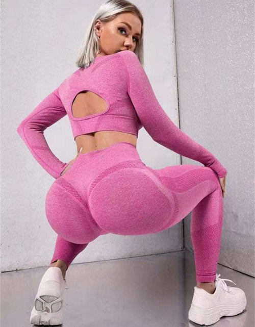 Load image into Gallery viewer, Elevate Your Workout: 2pcs Sports Suits with Long Sleeve Hollow Design Tops and Butt Lifting High Waist Seamless Fitness Leggings - Stylish Gym Sportswear Outfits Rose Red
