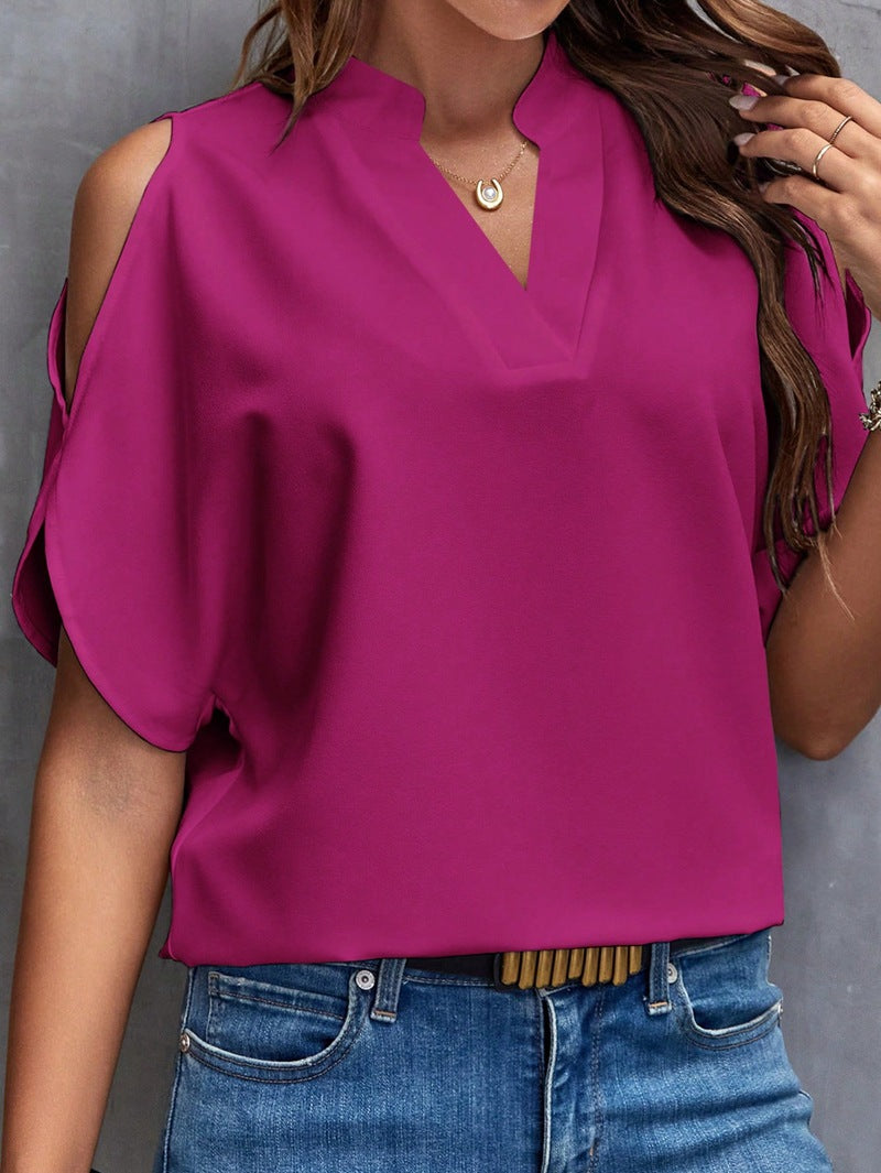 V-neck Off-the-Shoulder Sleeves Women's Top - Graceful and Fashionable for a Chic Look Purplish Red