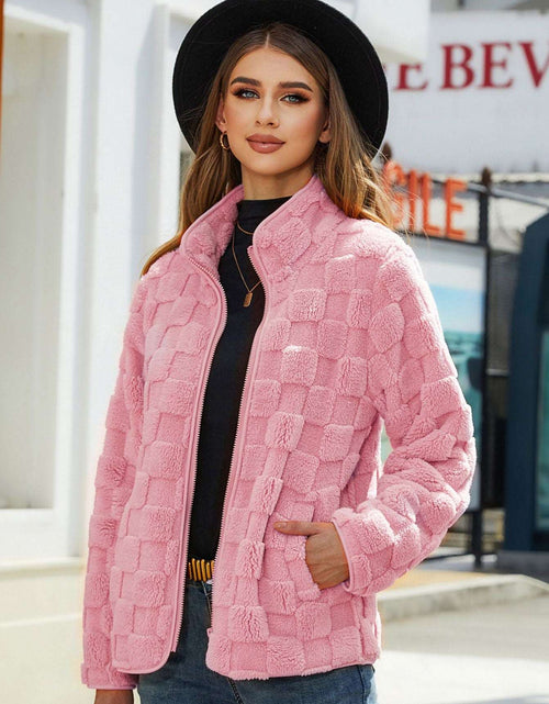 Load image into Gallery viewer, Stand-up Collar Plush Jacket Winter Long-sleeved Loose Zipper Cardigan Fashion Solid Color Checkerboard Design Coat Women Outwear Pink
