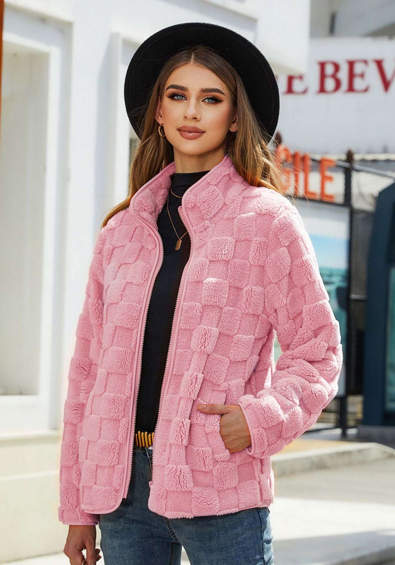 Stand-up Collar Plush Jacket Winter Long-sleeved Loose Zipper Cardigan Fashion Solid Color Checkerboard Design Coat Women Outwear Pink