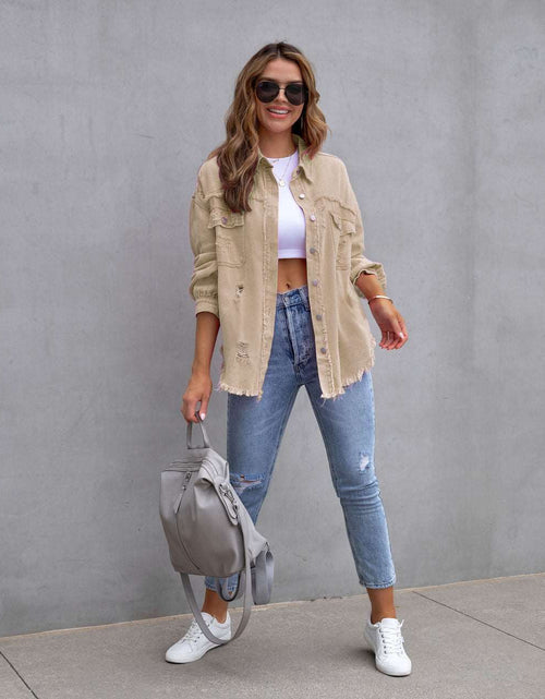 Load image into Gallery viewer, Effortless Style: Ripped Shirt Jacket - Women&#39;s Autumn/Spring Casual Tops with Fashionable Comfort in Chic Plain Colors Khaki
