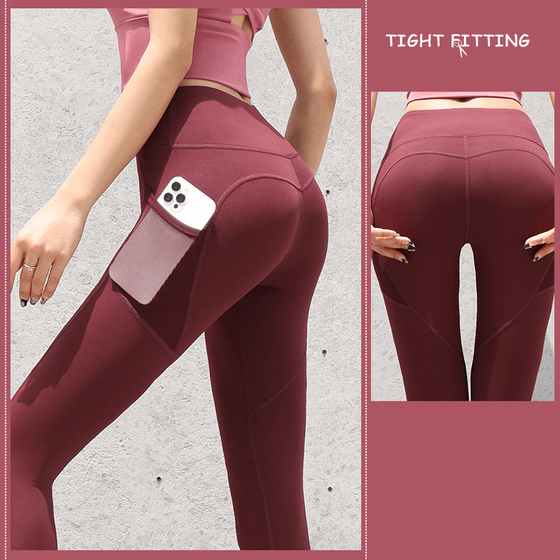 Enhance Your Workout: Seamless Leggings with Pockets, Push-Up High Waist - Women's Fitness Running Yoga Pants for Gym Sports Plum pulp Red