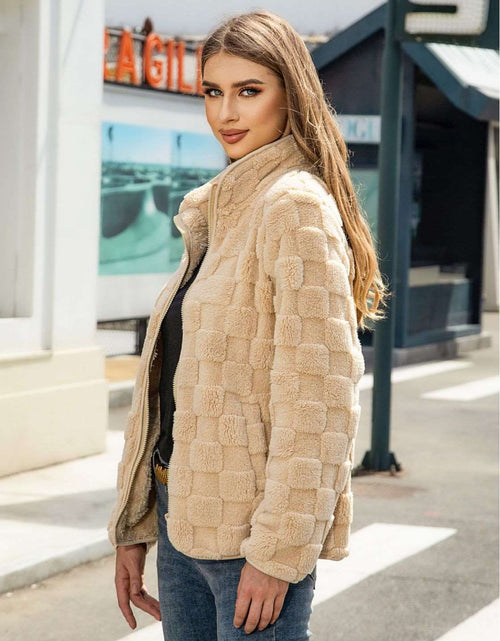 Load image into Gallery viewer, Stand-up Collar Plush Jacket Winter Long-sleeved Loose Zipper Cardigan Fashion Solid Color Checkerboard Design Coat Women Outwear
