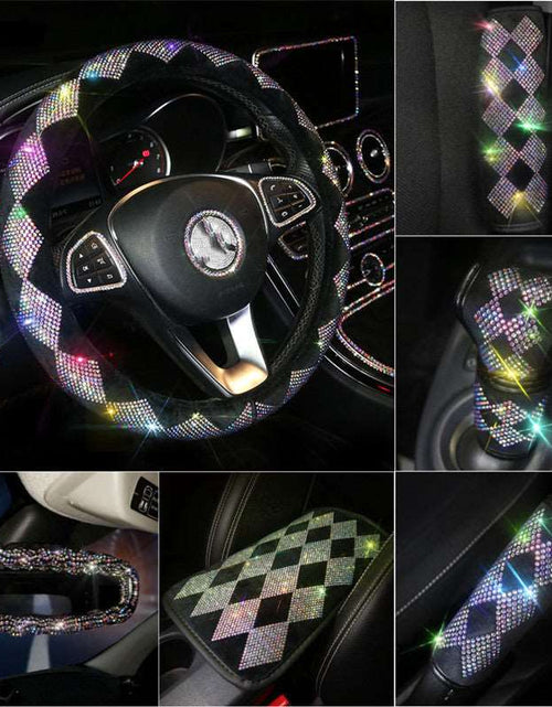 Load image into Gallery viewer, Diamond Hand Brake Gear Safety Belt Shoulder Pad Hot Drilling Handle Cover Full Diamond Steering Wheel Cover Rear View Mirror Cover Steering Wheel Cover
