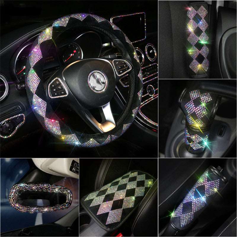 Diamond Hand Brake Gear Safety Belt Shoulder Pad Hot Drilling Handle Cover Full Diamond Steering Wheel Cover Rear View Mirror Cover Steering Wheel Cover