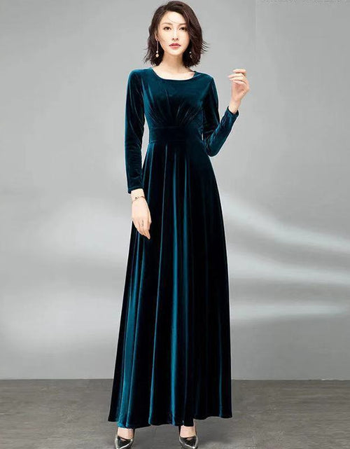 Load image into Gallery viewer, Pleuche Long Sleeve Dress Waist-tight Elegant Big Hem Peacock Blue
