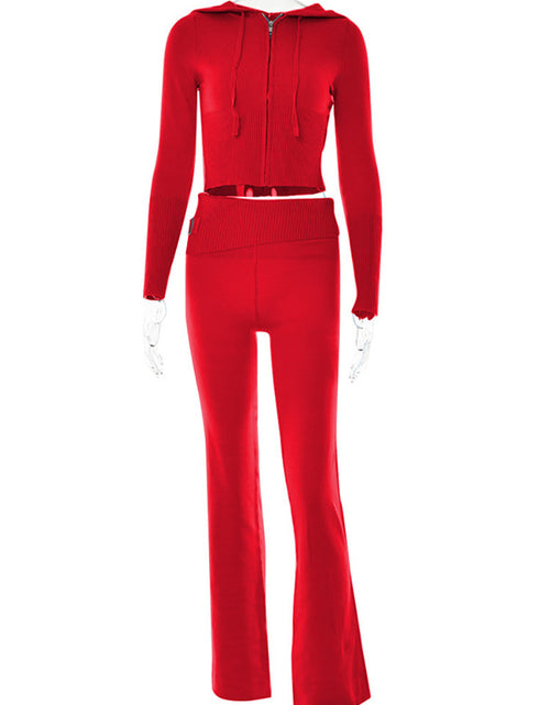 Load image into Gallery viewer, Leisure Chic: Hoodie Knitting Suit with Sexy Zip Long Sleeve Sweater and High Waist Long Pants Set for Women - Trendy Comfort in Every Detail Red suit
