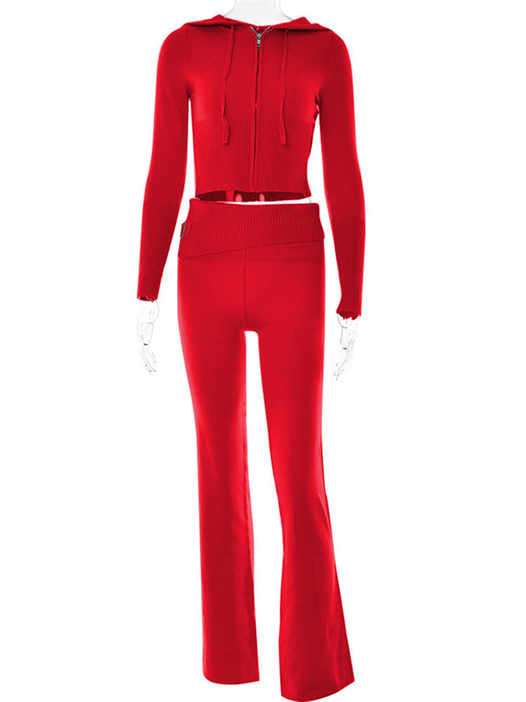 Leisure Chic: Hoodie Knitting Suit with Sexy Zip Long Sleeve Sweater and High Waist Long Pants Set for Women - Trendy Comfort in Every Detail Red suit