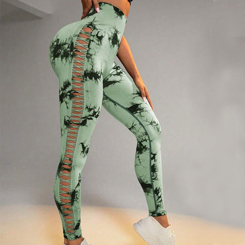 Hollow Tie Dye Printed Yoga Pants - High Waist, Butt Lift, Seamless Sports Leggings for Women - Elevate Your Gym Style! Green