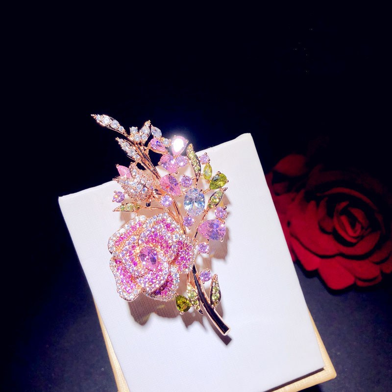 Zirconium Full Diamond Rose Bouquet Brooch Gold