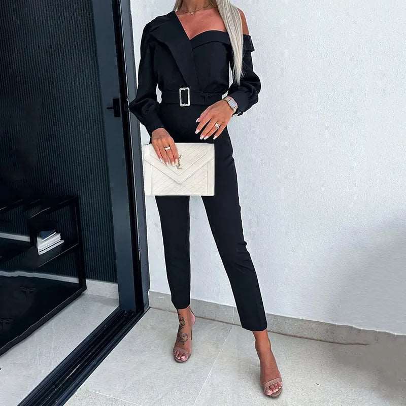 Shoulder Collar Cinched Waist Slim-fit Solid Color Straight Jumpsuit