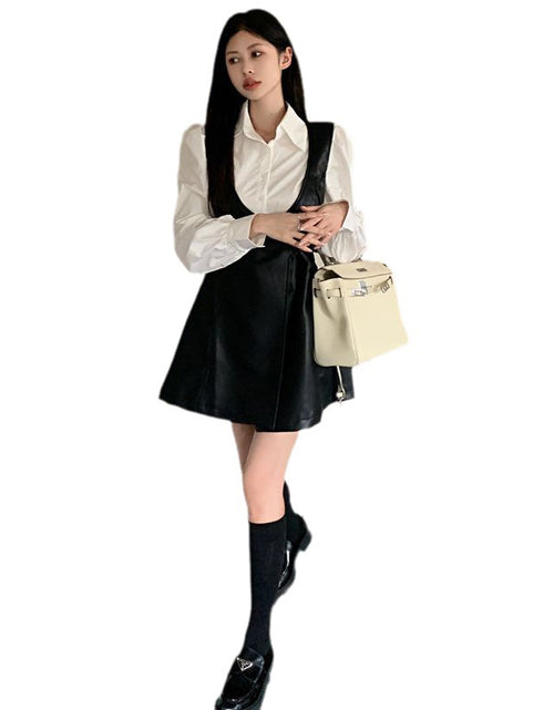 Load image into Gallery viewer, Women&#39;s Fashion Puff Lantern Sleeve Shirt And Chenille Style Leather Short Skirt Black Leather Skirt
