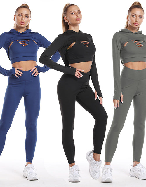 Load image into Gallery viewer, Ultimate Fitness Trio: 3pcs Sports Suits with Long Sleeve Hooded Top, Hollow Design Camisole, and Butt Lifting High Waist Seamless Fitness Leggings - Gym-Ready Outfits
