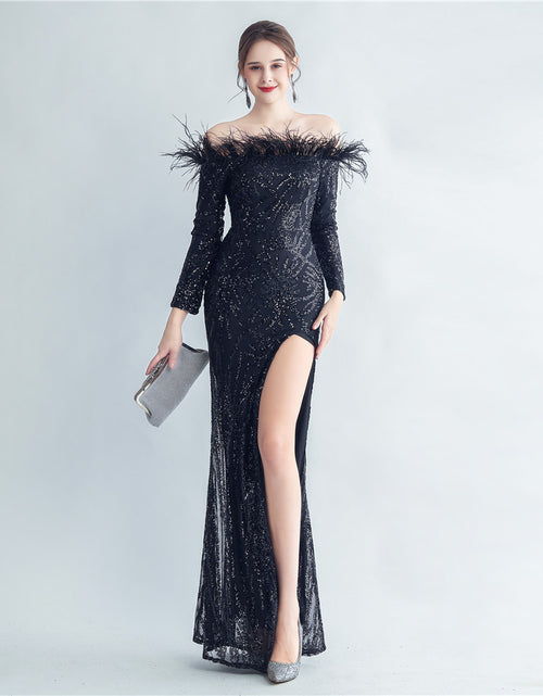 Load image into Gallery viewer, High-density Ostrich Feather Sequins Off-shoulder Long Sleeve Fishtail High-end Evening Dress
