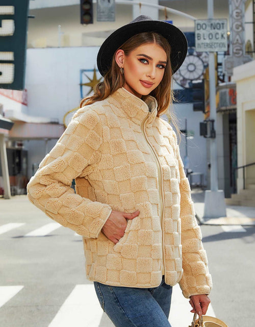 Load image into Gallery viewer, Stand-up Collar Plush Jacket Winter Long-sleeved Loose Zipper Cardigan Fashion Solid Color Checkerboard Design Coat Women Outwear
