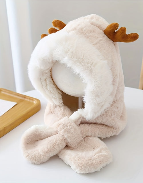 Load image into Gallery viewer, Cute Deer Hat Women Plush Rabbit Ear Funny Lolita Sweet Kawaii Winter Fluffy Fleece Warm Hat Plush Winter Thickened Cute Antlers Baby Hat With Scarf For 5-10 Y Children
