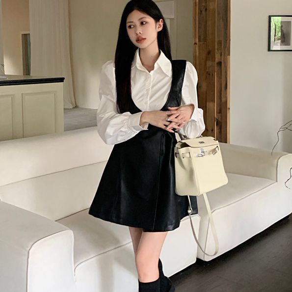 Women's Fashion Puff Lantern Sleeve Shirt And Chenille Style Leather Short Skirt