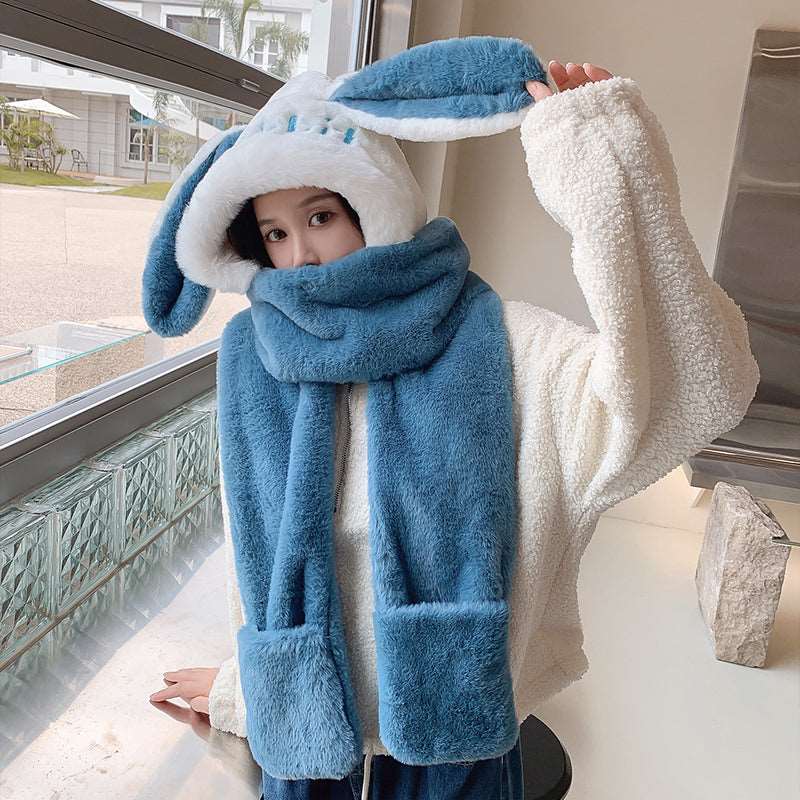 Cute Rabbit Ears Scarf Scarf Gloves All In One Blue4 One size