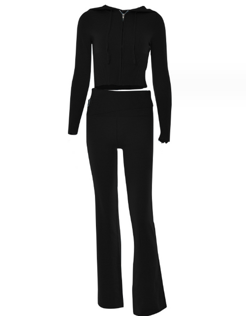 Load image into Gallery viewer, Leisure Chic: Hoodie Knitting Suit with Sexy Zip Long Sleeve Sweater and High Waist Long Pants Set for Women - Trendy Comfort in Every Detail Black suit
