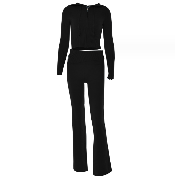 Leisure Chic: Hoodie Knitting Suit with Sexy Zip Long Sleeve Sweater and High Waist Long Pants Set for Women - Trendy Comfort in Every Detail Black suit