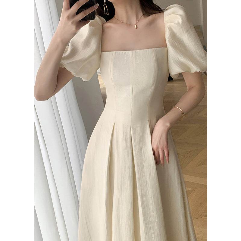 Square Collar French Tea Break High Waist-tight Puff Sleeve Gentle Sweet, Fresh, Princess Style Solid Beige Color Long Dress