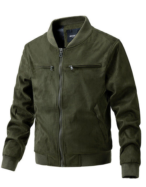 Load image into Gallery viewer, Suede Stand Collar Men&#39;s Jacket Double Zipper Pocket Army Green
