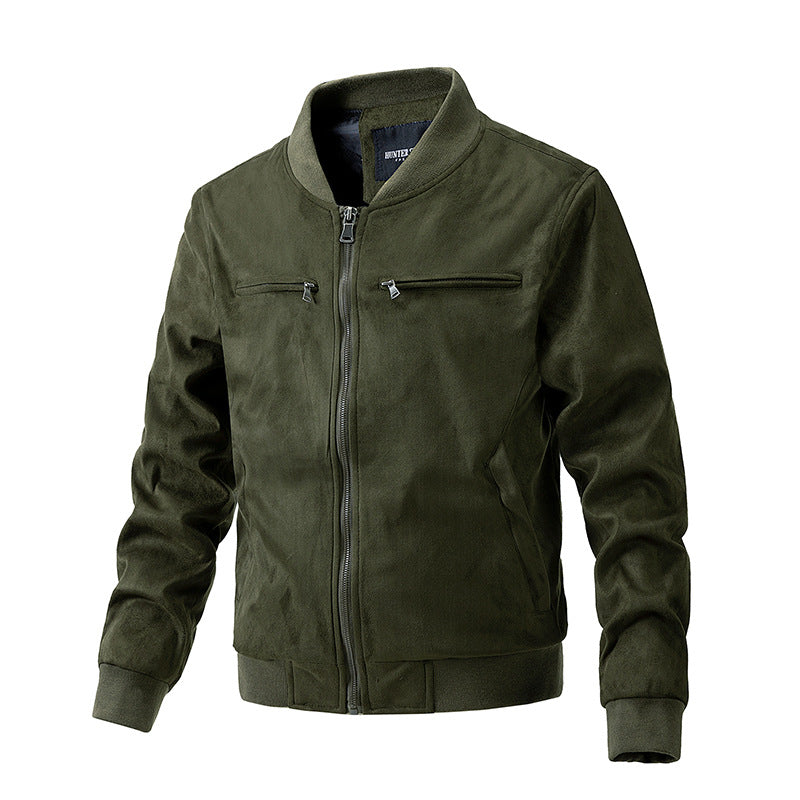 Suede Stand Collar Men's Jacket Double Zipper Pocket Army Green