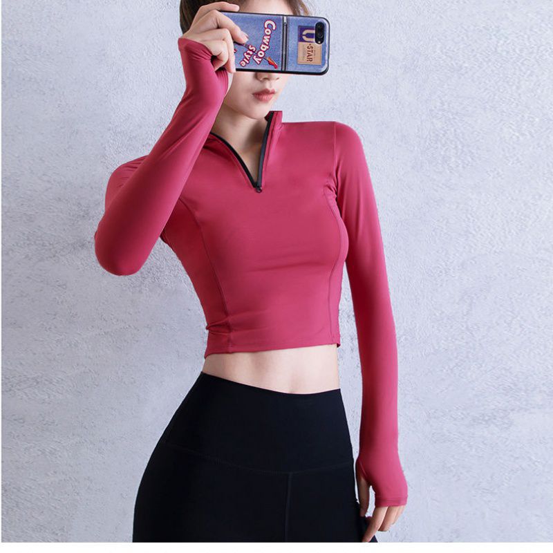 Sleek Performance: Slim Fit Quick Dry Zipper Running Long Sleeves - Breathable and Stylish Activewear for Optimal Comfort Zip Cropped Long Sleeve Red